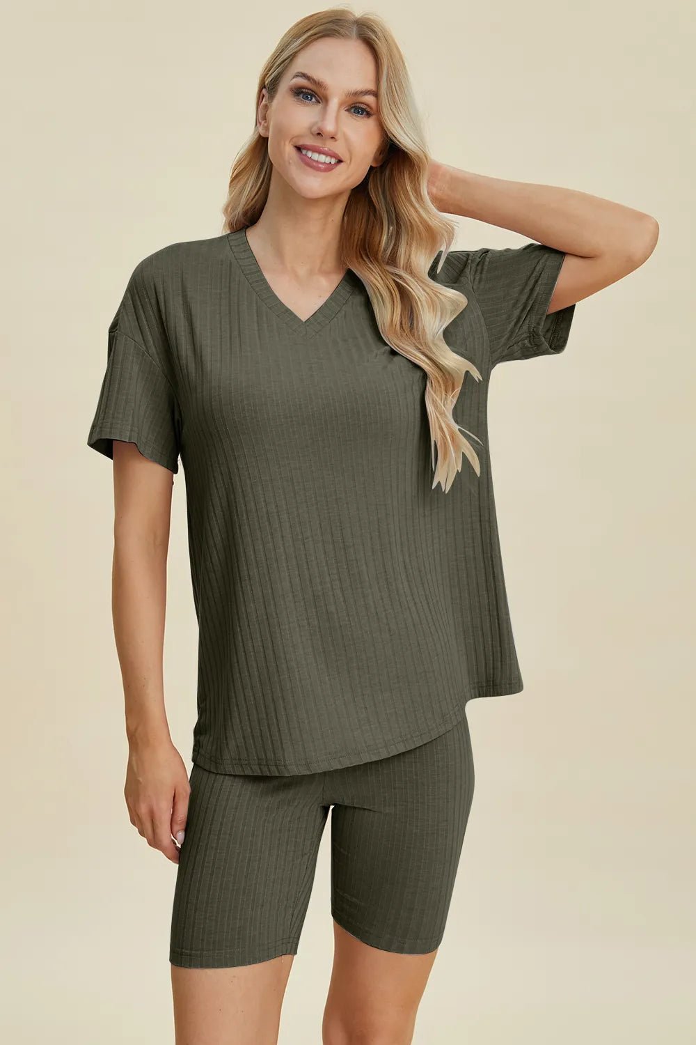 Basic Bae Full Size Ribbed V - Neck Short Sleeve Top and Shorts Set - PBNJ FASHIONS
