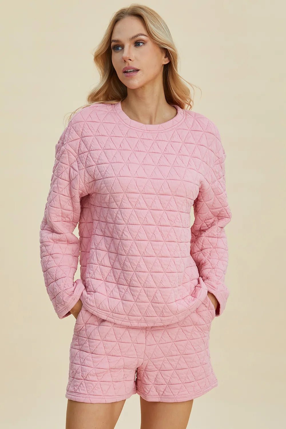 Double Take Full Size Texture Round Neck Long Sleeve Top and Shorts Set - PBNJ FASHIONS