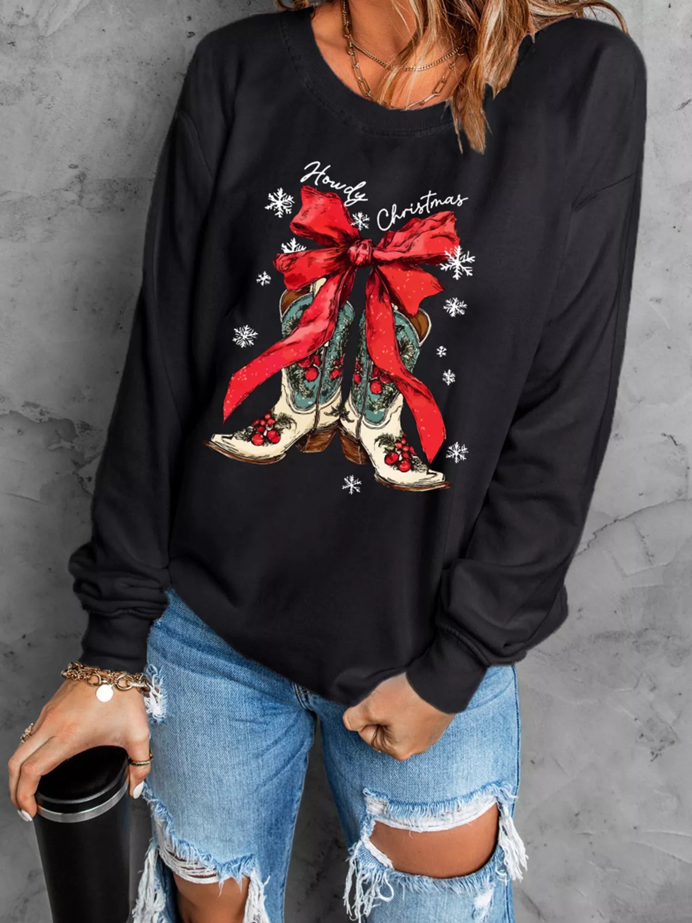 Howdy Christmas Ribbon Bow Knot Western Boots Graphic Sweatshirt - PBNJ FASHIONS