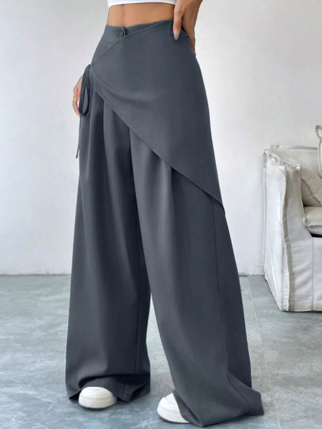 Chic Wrap Front Wide-Leg Wrap Pants - Dark Gray-S- - PBNJ FASHIONS