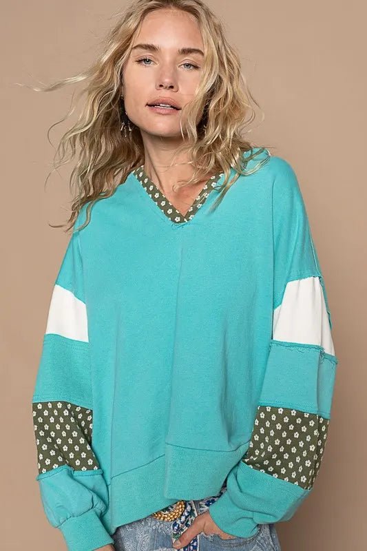 POL Exposed Seam Floral Patchwork French Terry Hoodie - PBNJ FASHIONS