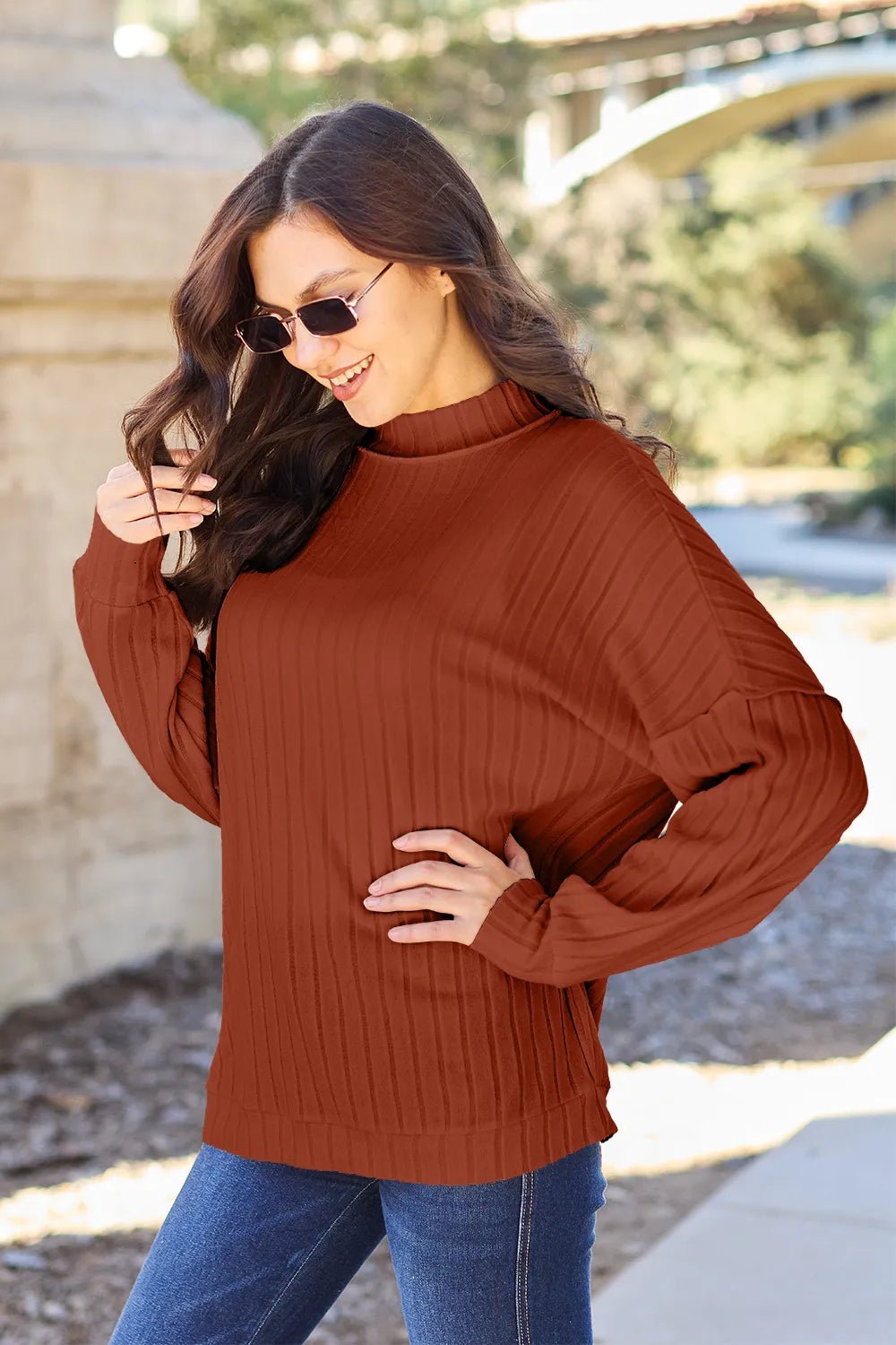 Basic Bae Full Size Ribbed Exposed Seam Mock Neck Knit Top - PBNJ FASHIONS