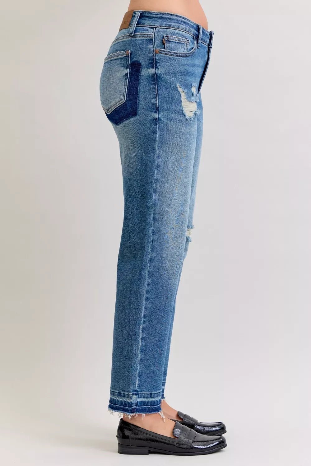 Judy Blue Full Size Mid Rise Bf Patch & Repair Destroy Release Hem Jeans Plus Size - PBNJ FASHIONS