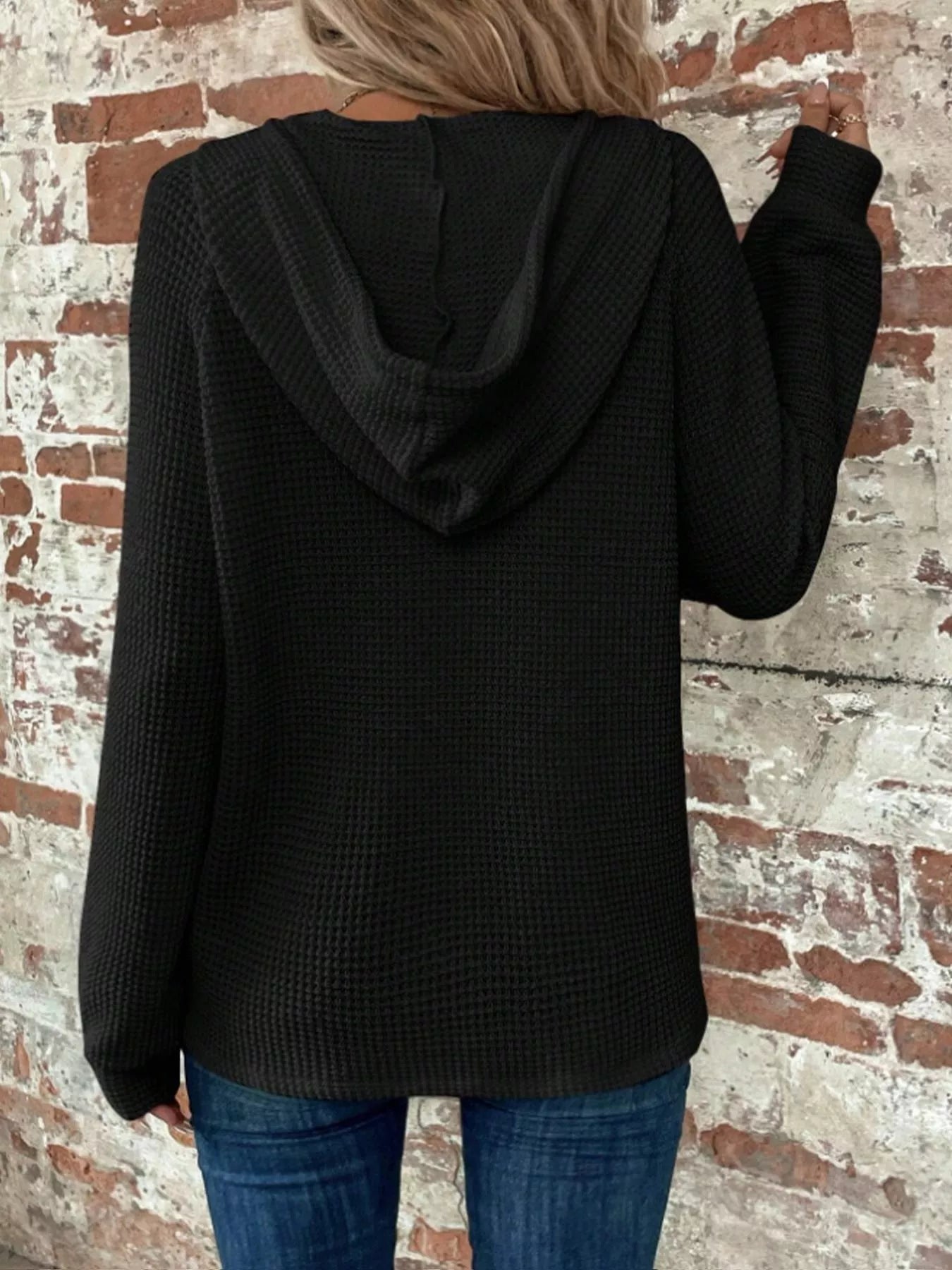 Waffle Knit Button Detail Hoodie - PBNJ FASHIONS