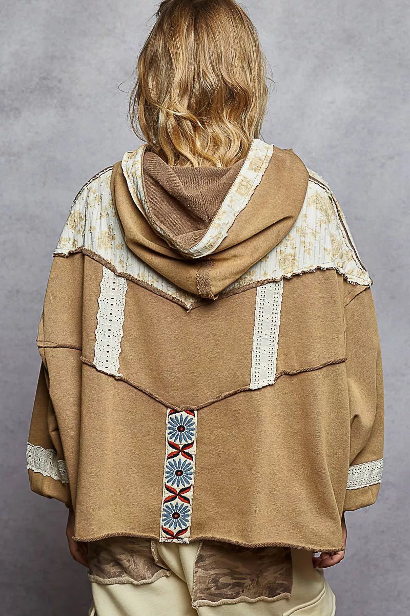 POL Drawstring French Terry Hoodie with Gauze Print Patch - PBNJ FASHIONS