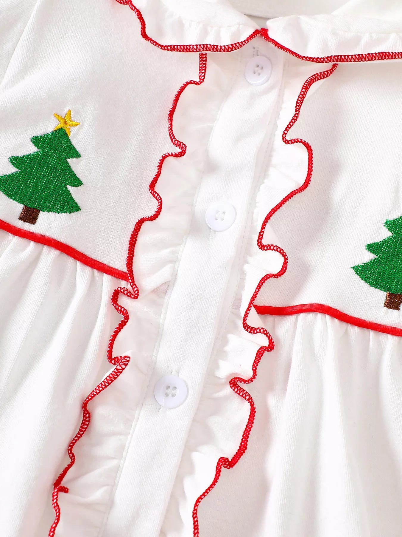 Children's Christmas Tree Embroidered Ruffle Trim Dress - PBNJ FASHIONS