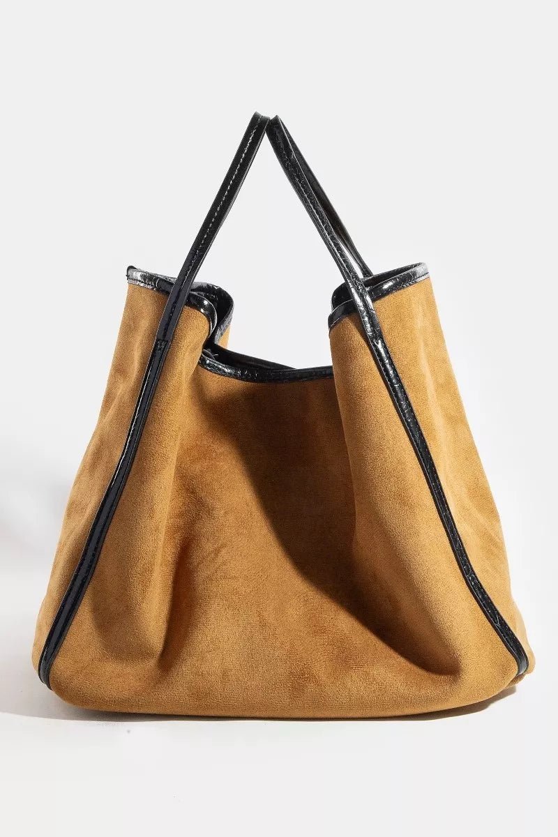 Fame Suede Tote Faux Leather Trim Shoulder Strap - PBNJ FASHIONS