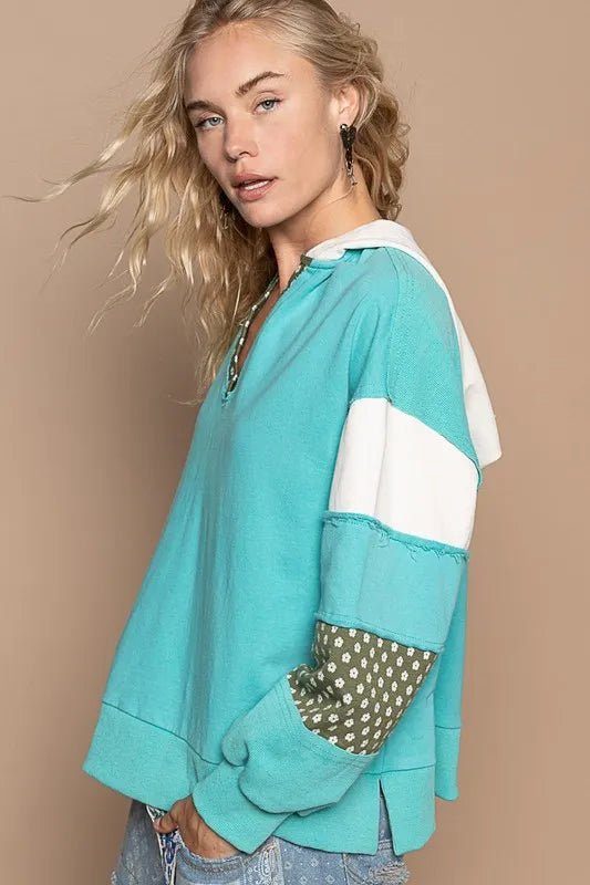 POL Exposed Seam Floral Patchwork French Terry Hoodie - PBNJ FASHIONS