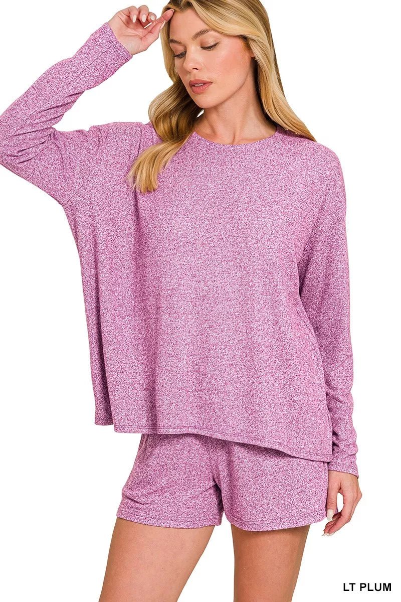 Zenana Soft Melange Long Sleeve Tee and Shorts Set - PBNJ FASHIONS