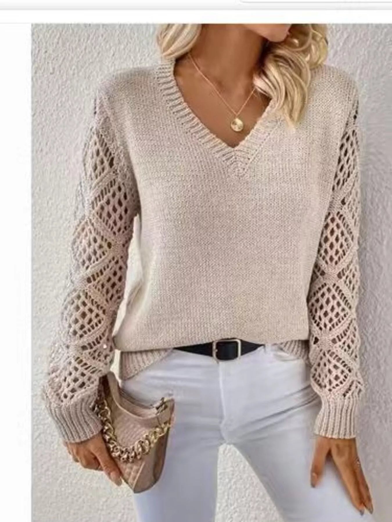 V - Neck Hollow - Out Sleeve Knit Sweater - PBNJ FASHIONS