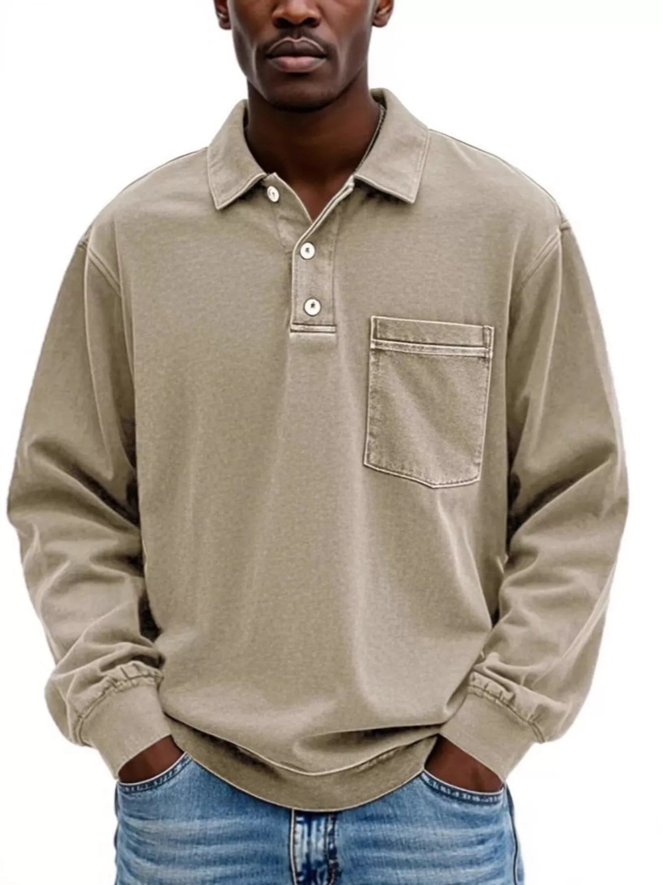 Men's Full Size Vintage Button Detail Long Sleeve Polo Plus Size - PBNJ FASHIONS