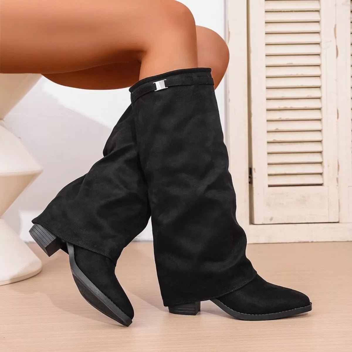 Point Toe Suede Block Heel Boots - Mid Heels, Rubber Sole - Size Conversion Included - PBNJ FASHIONSBlack
