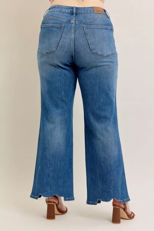 Judy Blue Full Size High Waist Tummy Control Chew Hem Destroy Wide Jeans Plus Size - PBNJ FASHIONS