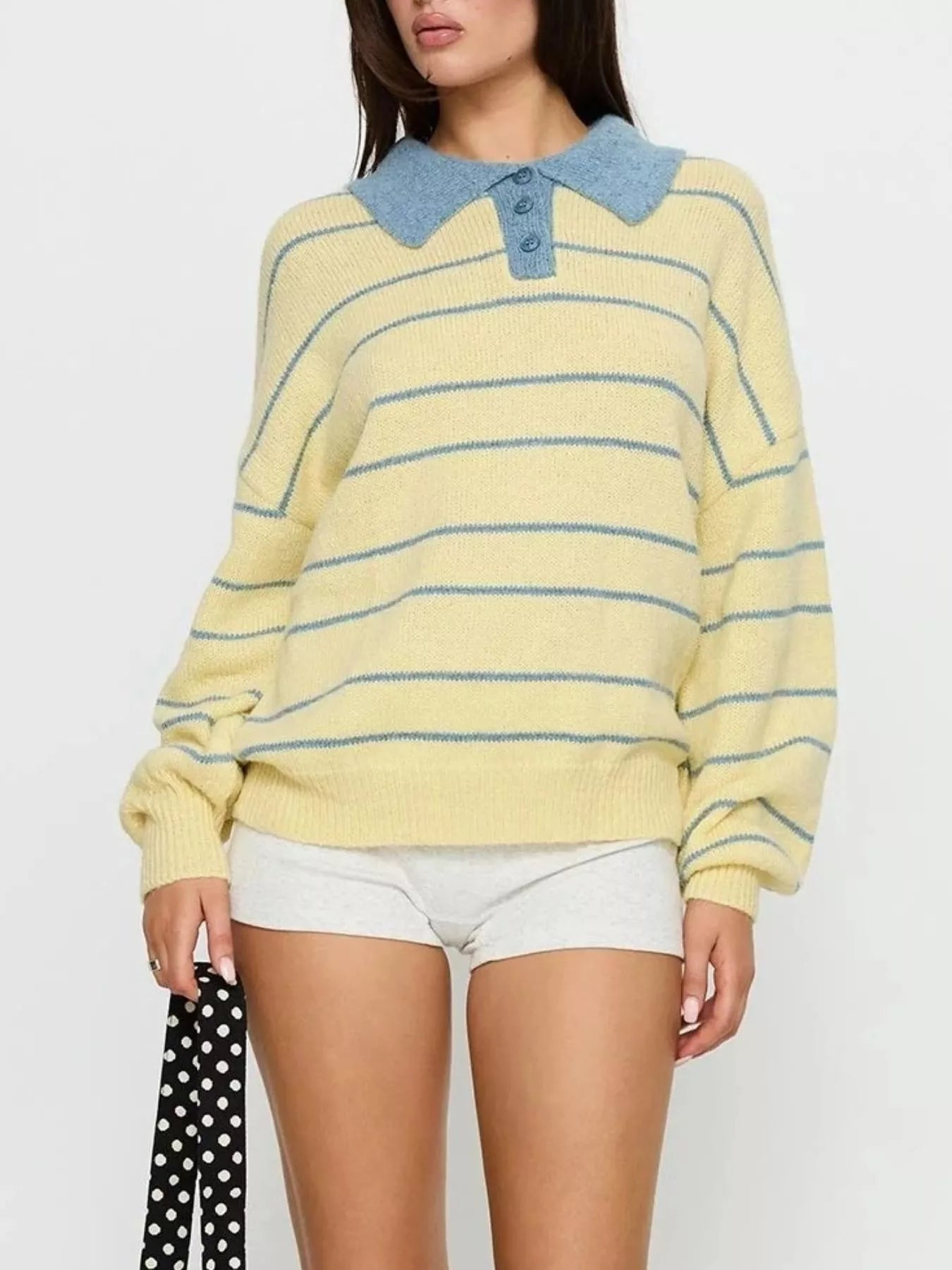 Striped Polo Collar Long Sleeve Sweater - PBNJ FASHIONS