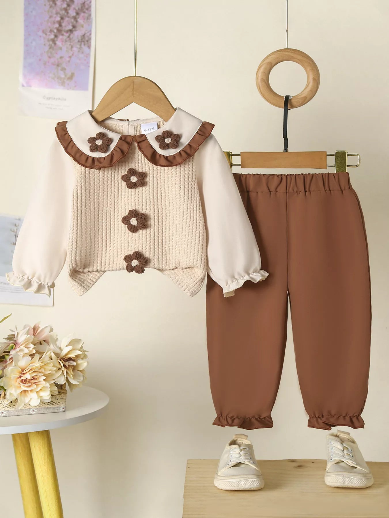 Children's Floral Applique Ruffle Trim Top and Pants Set - PBNJ FASHIONS