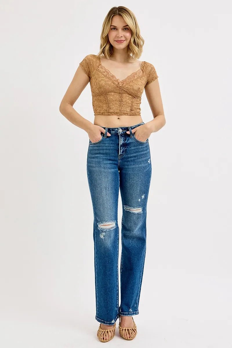 RISEN Full Size Tummy Control High Rise Straight Distressed Jeans Plus Size - PBNJ FASHIONS