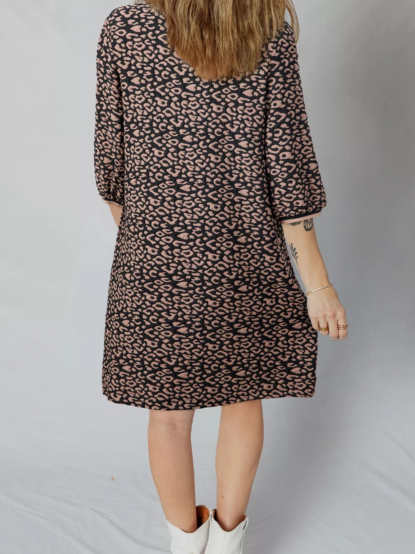 Leopard Print Bubble Sleeve Shift Mini Dress - PBNJ FASHIONS