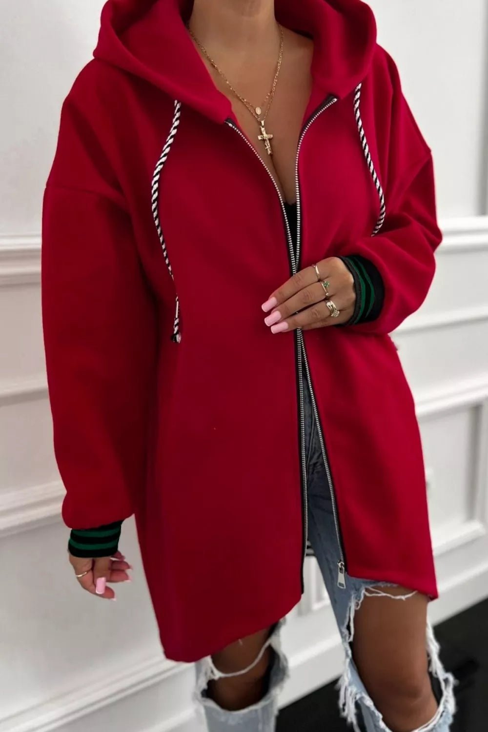 Contrast Cuffed Drop Shoulder Zip Up Hoodie - PBNJ FASHIONS