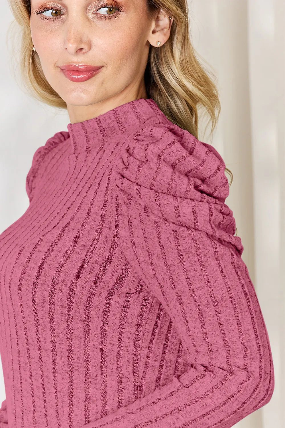 Basic Bae Full Size Ribbed Mock Neck Puff Sleeve T-Shirt - PBNJ FASHIONS