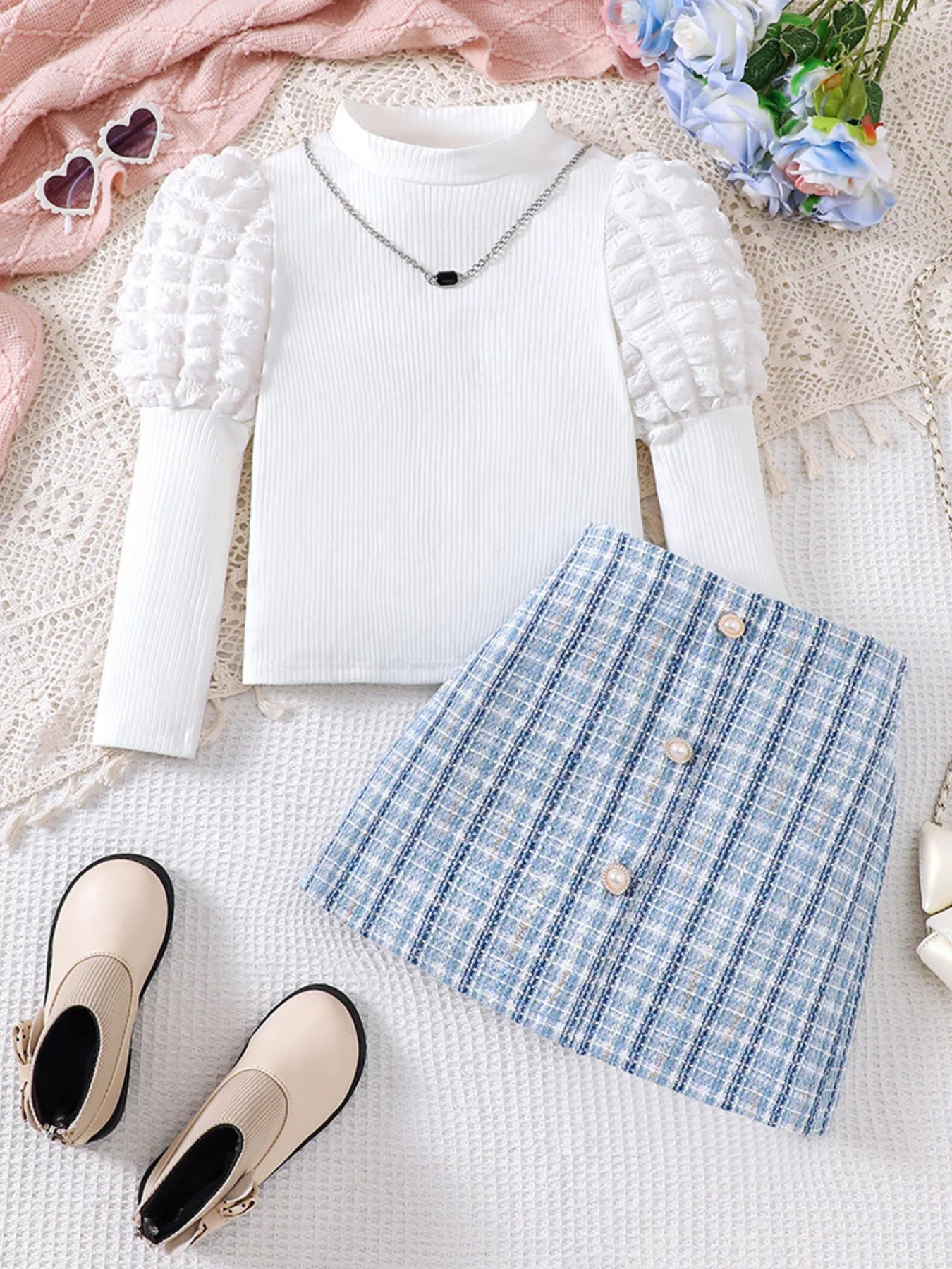 Children's Puff Sleeves Top and Plaid Skirt Set - PBNJ FASHIONS