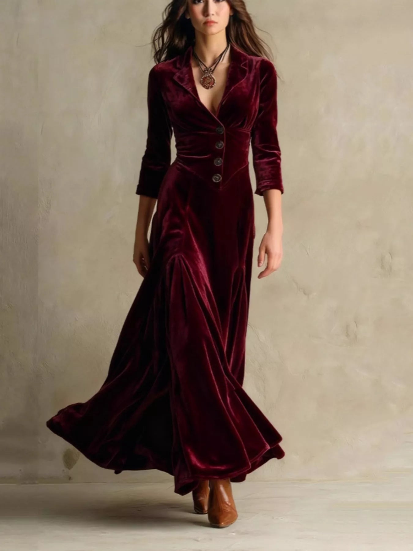 Velvet Button Front 3/4 Sleeve Maxi Dress - PBNJ FASHIONS