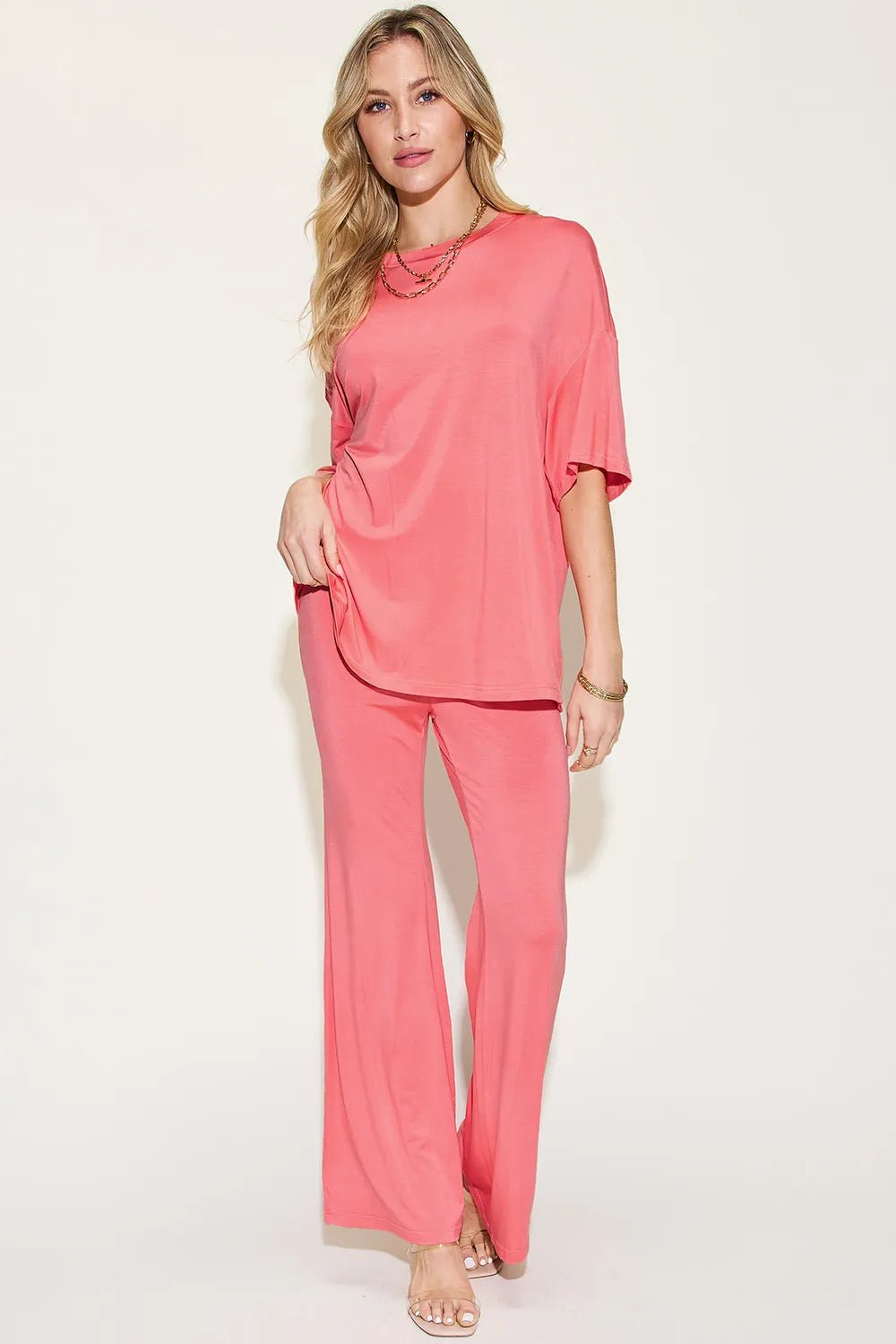 Basic Bae Full Size Bamboo Drop Shoulder T-Shirt and Flare Pants Set - PBNJ FASHIONS