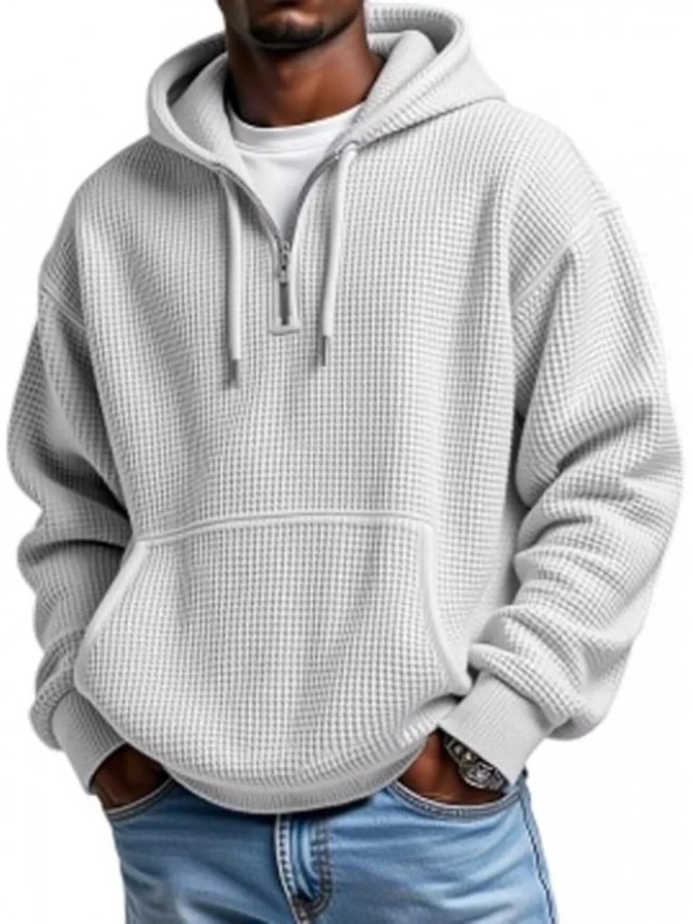 Men's Full Size Waffle Knit Quarter Zip Hoodie Plus Size - PBNJ FASHIONS