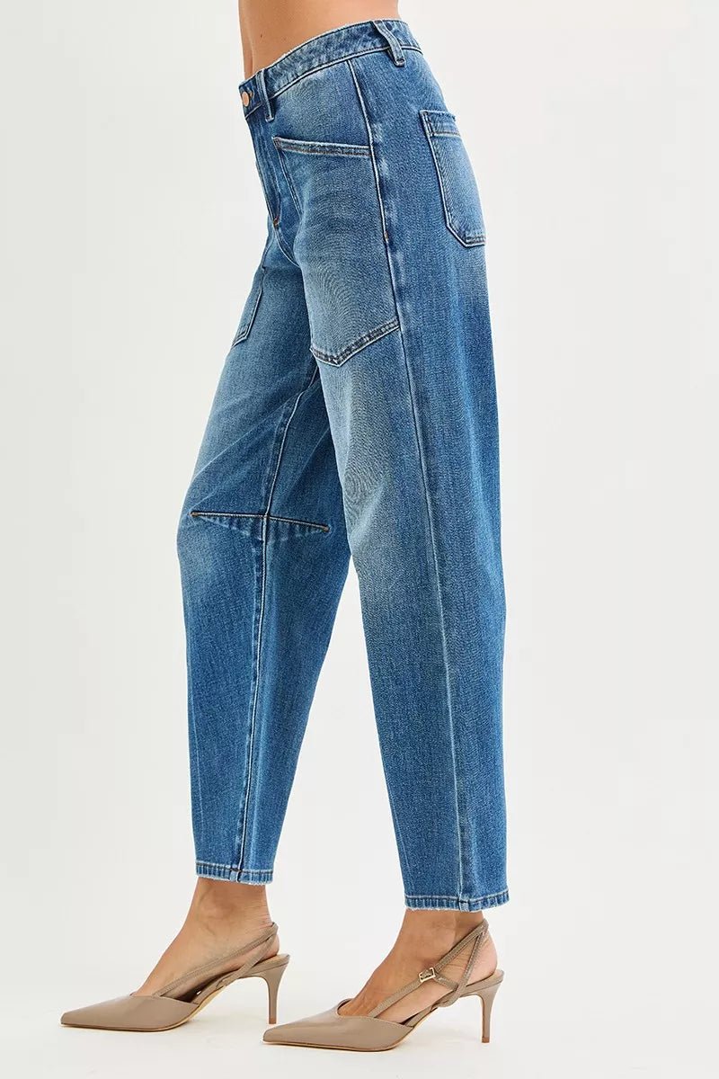 RISEN 4 Way Stretch Mid Rise Barrel Jeans with Patch Pocket Detail - PBNJ FASHIONS