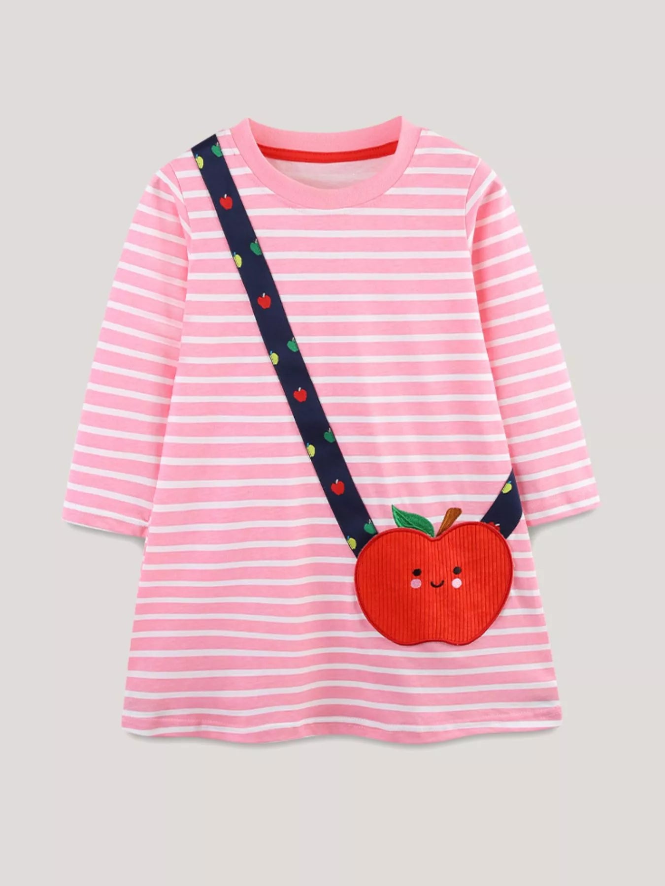 Children's Apple Applique Striped Long Sleeve Dress - PBNJ FASHIONS
