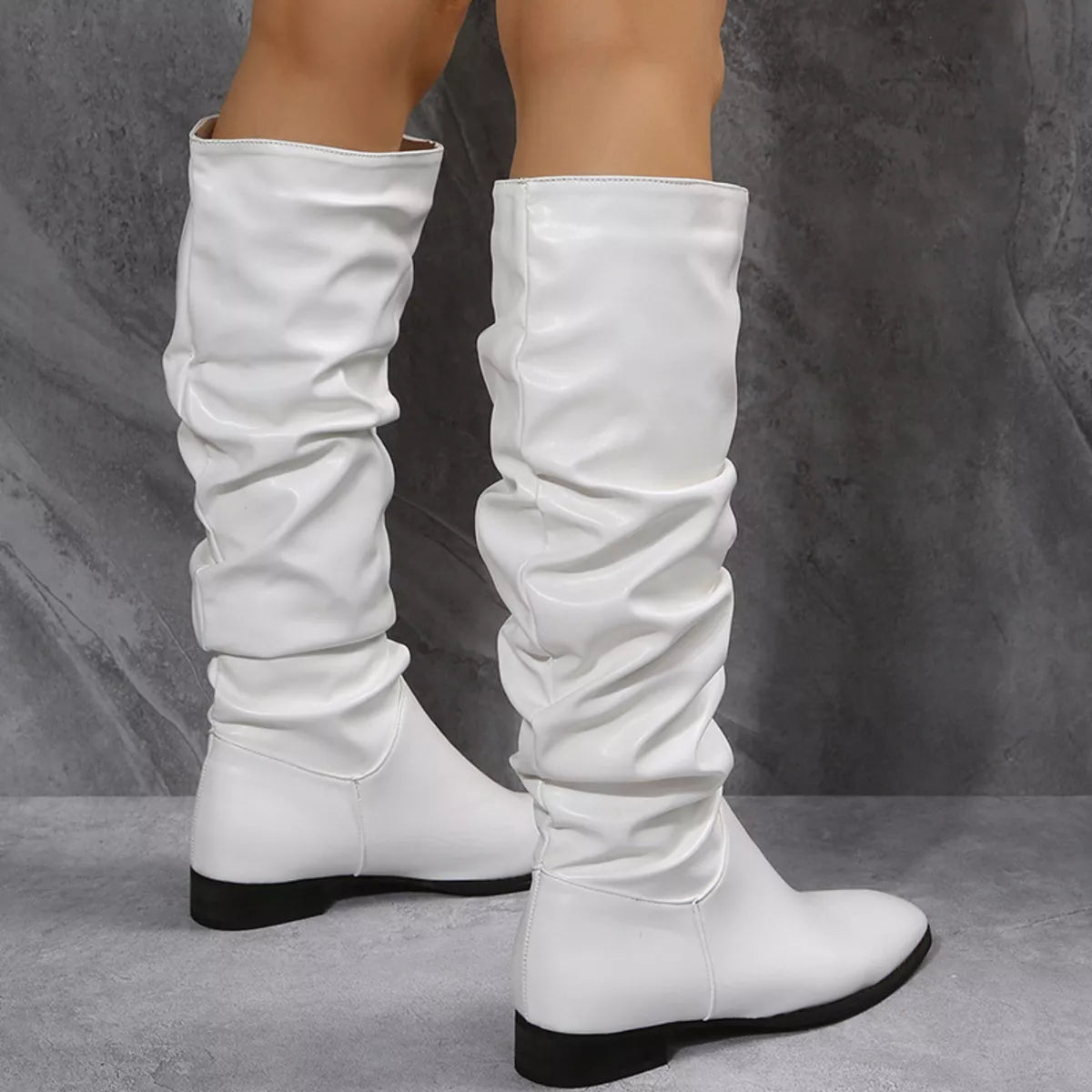 Slouchy Block Heel Boots PU Leather Rubber Low Heel Women's Booties - PBNJ FASHIONS