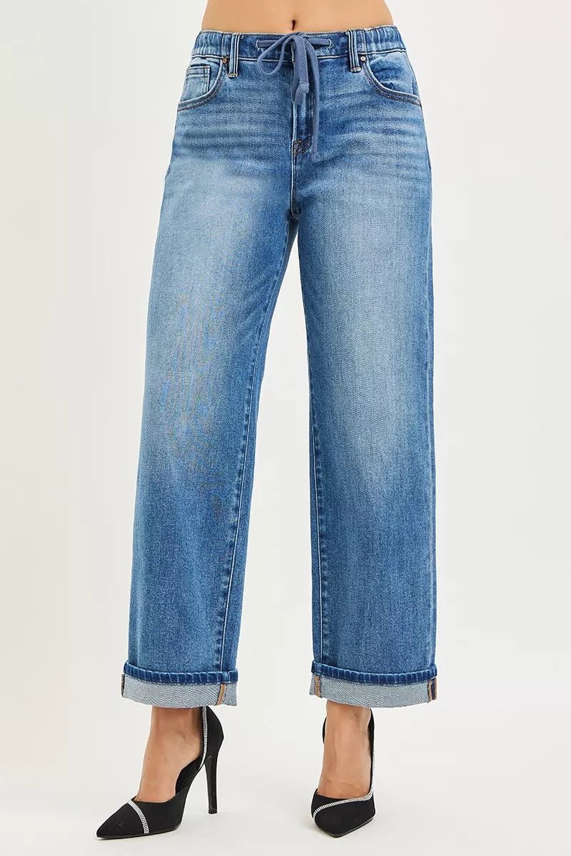 RISEN Elastic Band Slouch Ankle Boyfriend Cuffed Hem Jeans - PBNJ FASHIONS