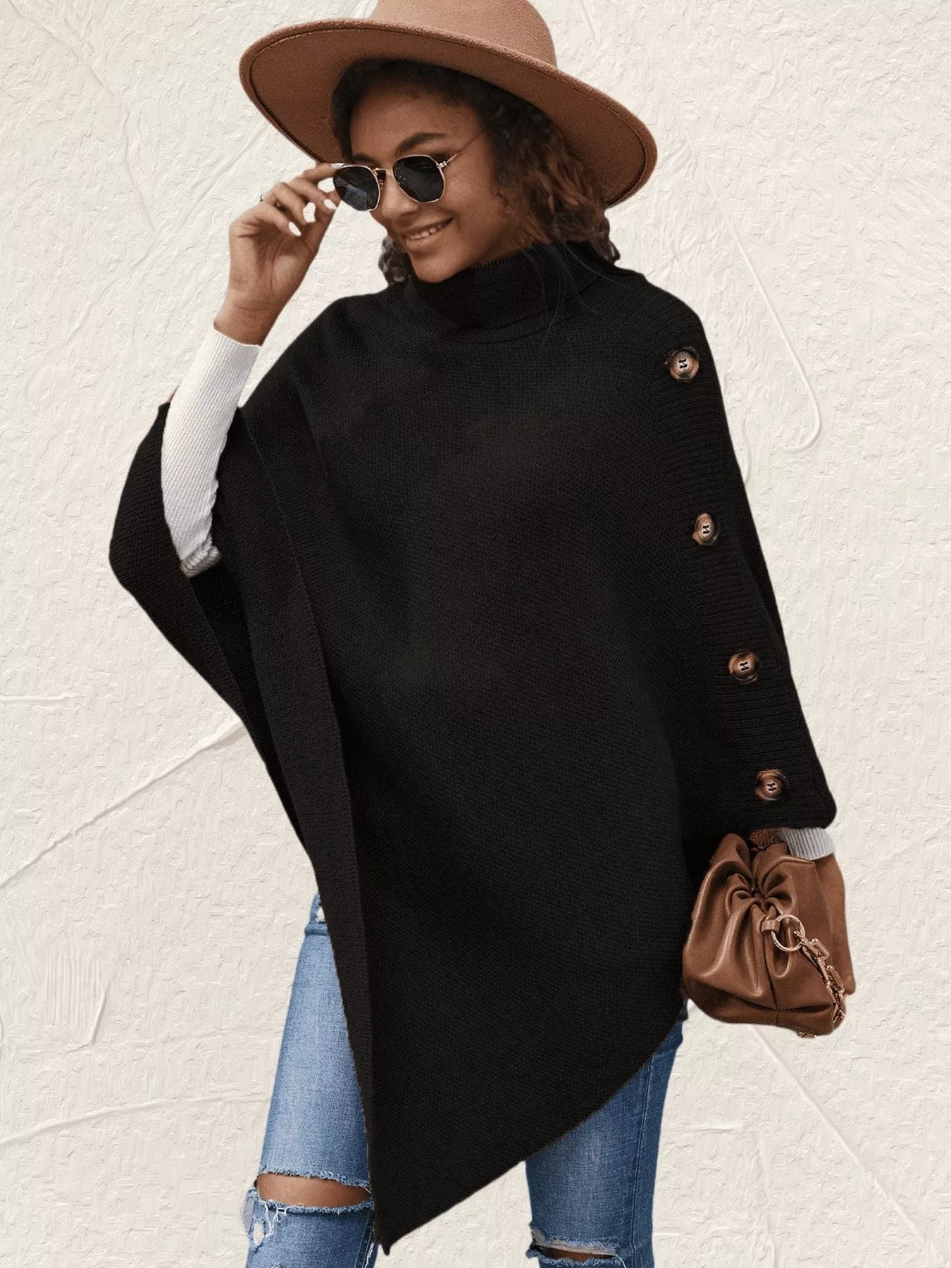 Button - Decor Turtleneck Poncho Pullover - PBNJ FASHIONS