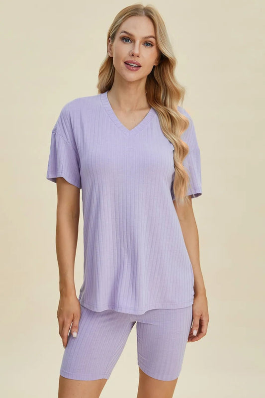 Basic Bae Full Size Ribbed V - Neck Short Sleeve Top and Shorts Set - PBNJ FASHIONS