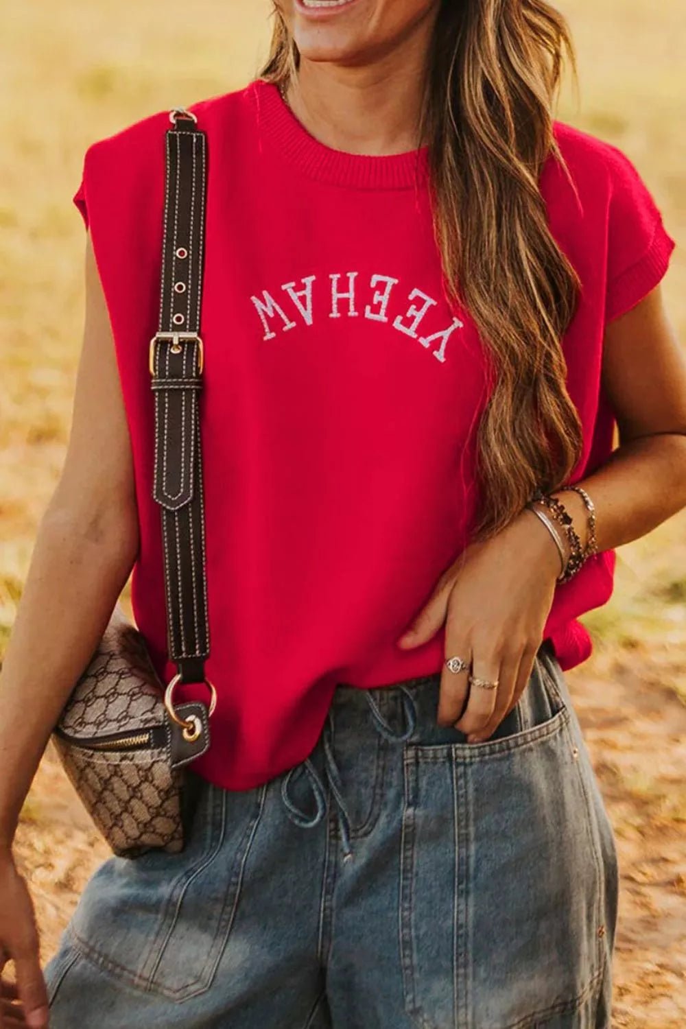 Letter Embroidered Sleeveless Knit Sweater Vest - PBNJ FASHIONS
