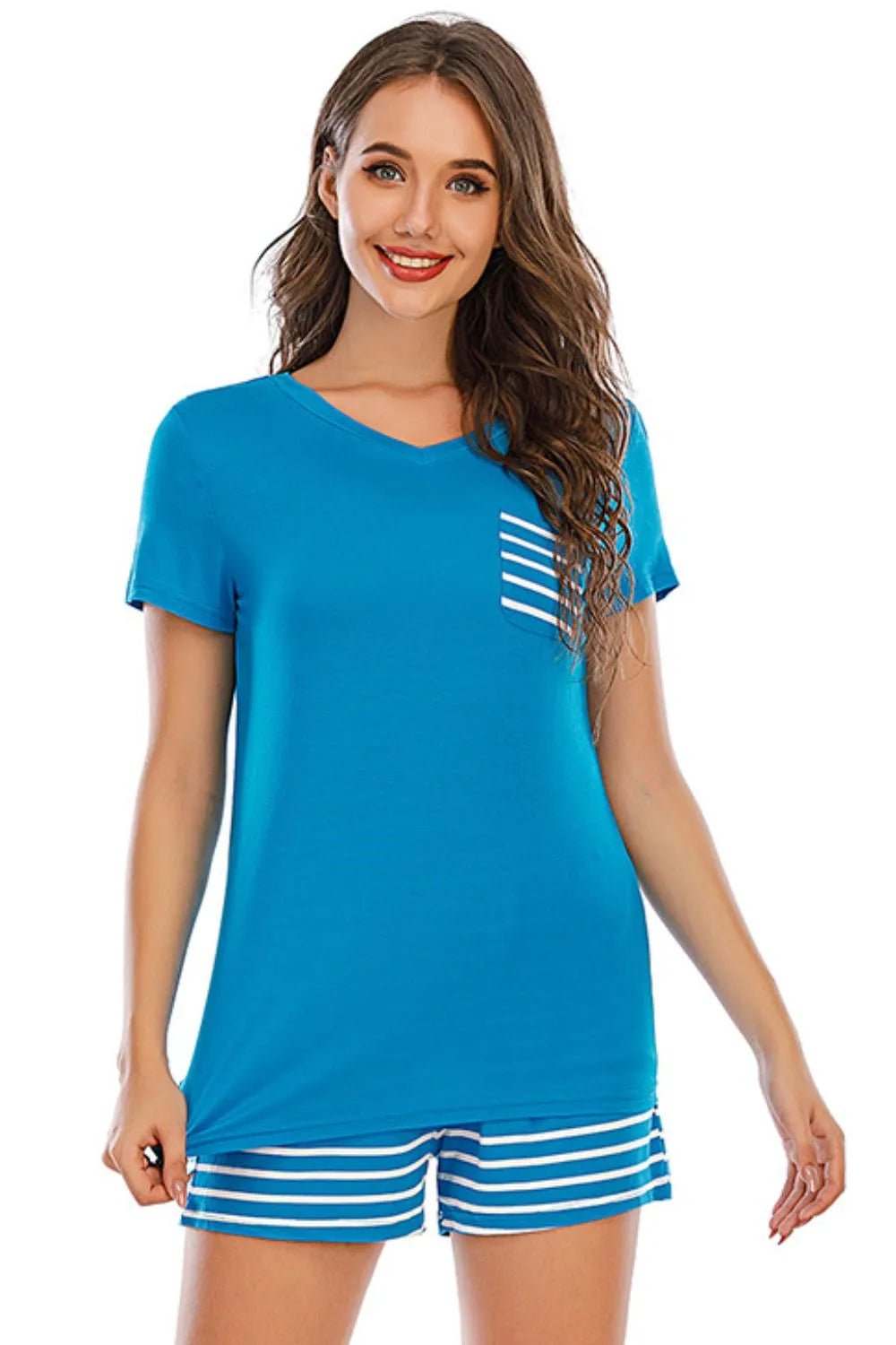 Striped Short Sleeve Top and Shorts Lounge Set - PBNJ FASHIONS