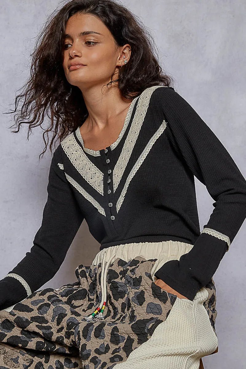 POL Ribbed Half Button Lace Detail Knit Top - PBNJ FASHIONS