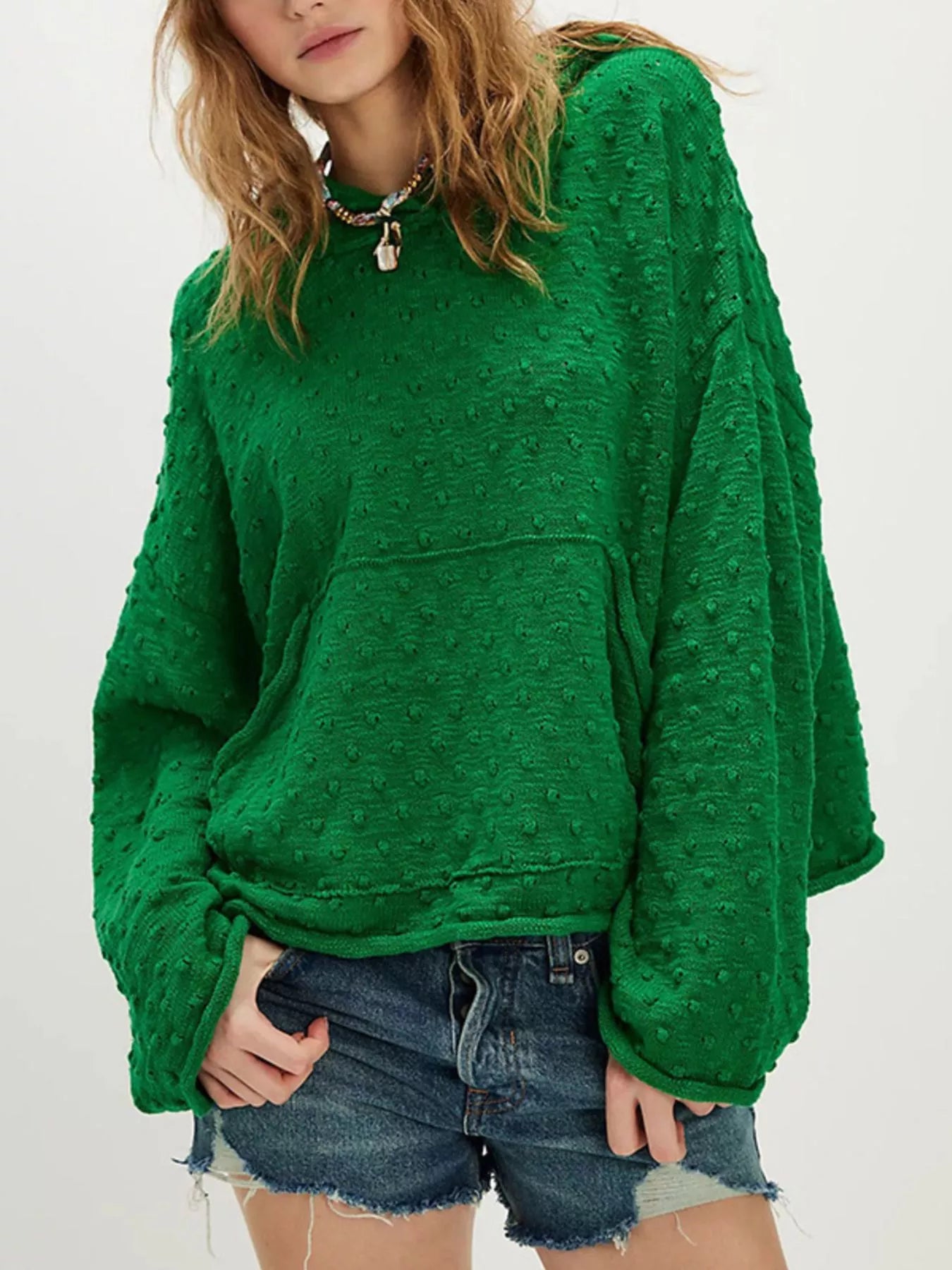 Textured Dot Knit Long Sleeve Hooded Sweater - PBNJ FASHIONS