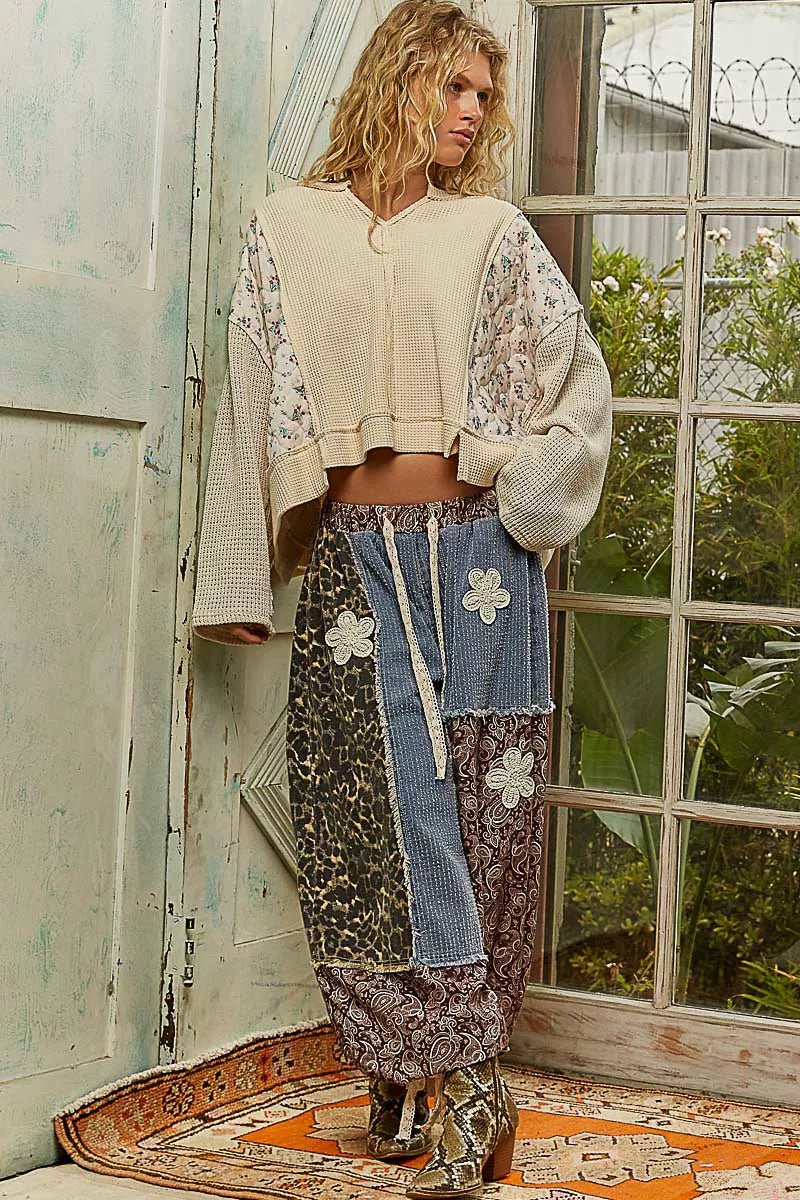 POL Mix Thermal Floral Pattern Quilted Knit Cropped Top with Raw Edge Detail - PBNJ FASHIONS