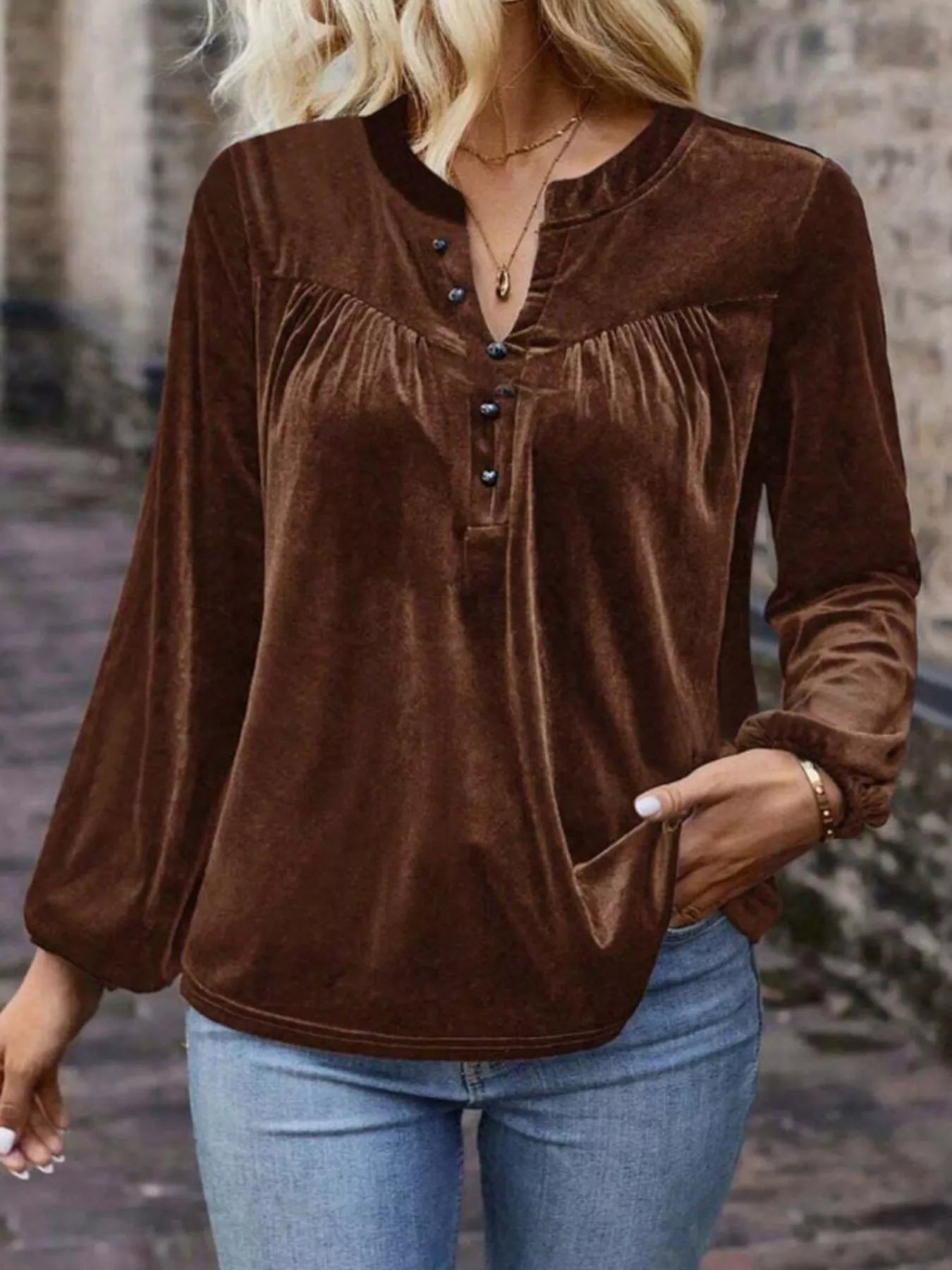 Velvet Notched Long Sleeve Blouse - PBNJ FASHIONS