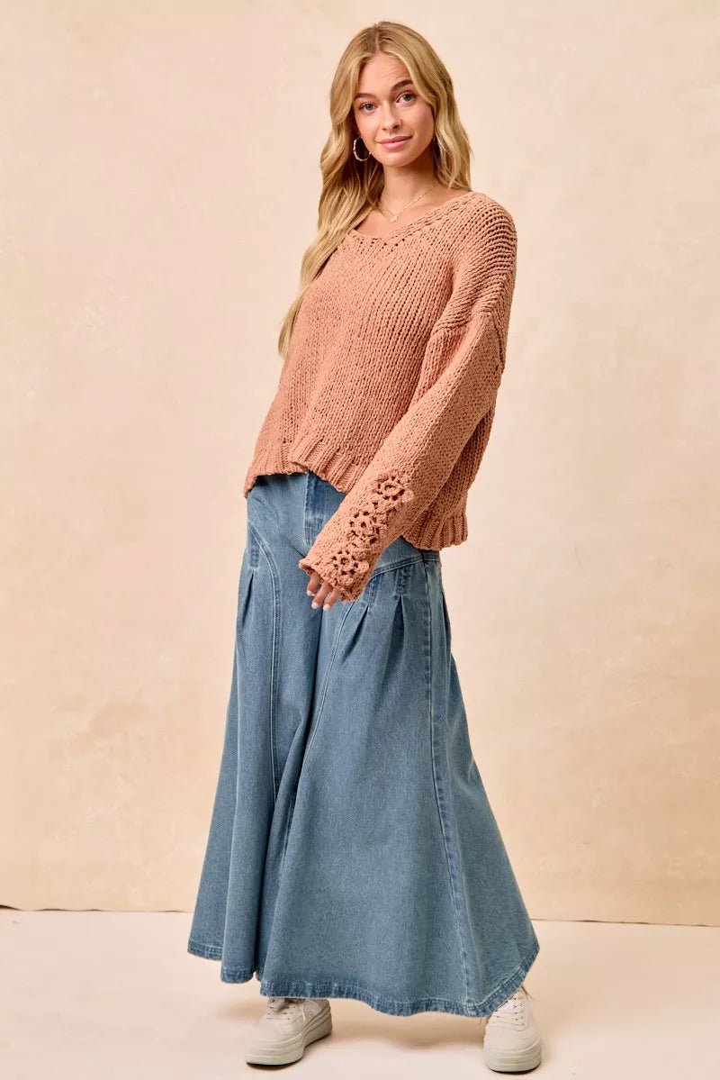 BiBi Chunky Knit Sweater with Flower Detail Sleeves - PBNJ FASHIONS
