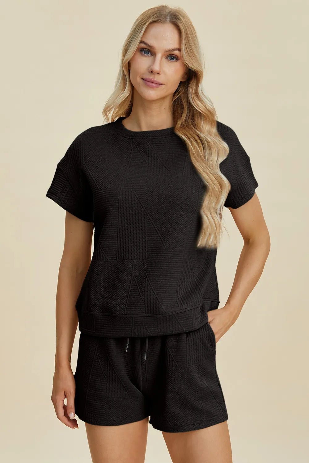 Double Take Full Size Texture Short Sleeve Top and Shorts Set - PBNJ FASHIONS
