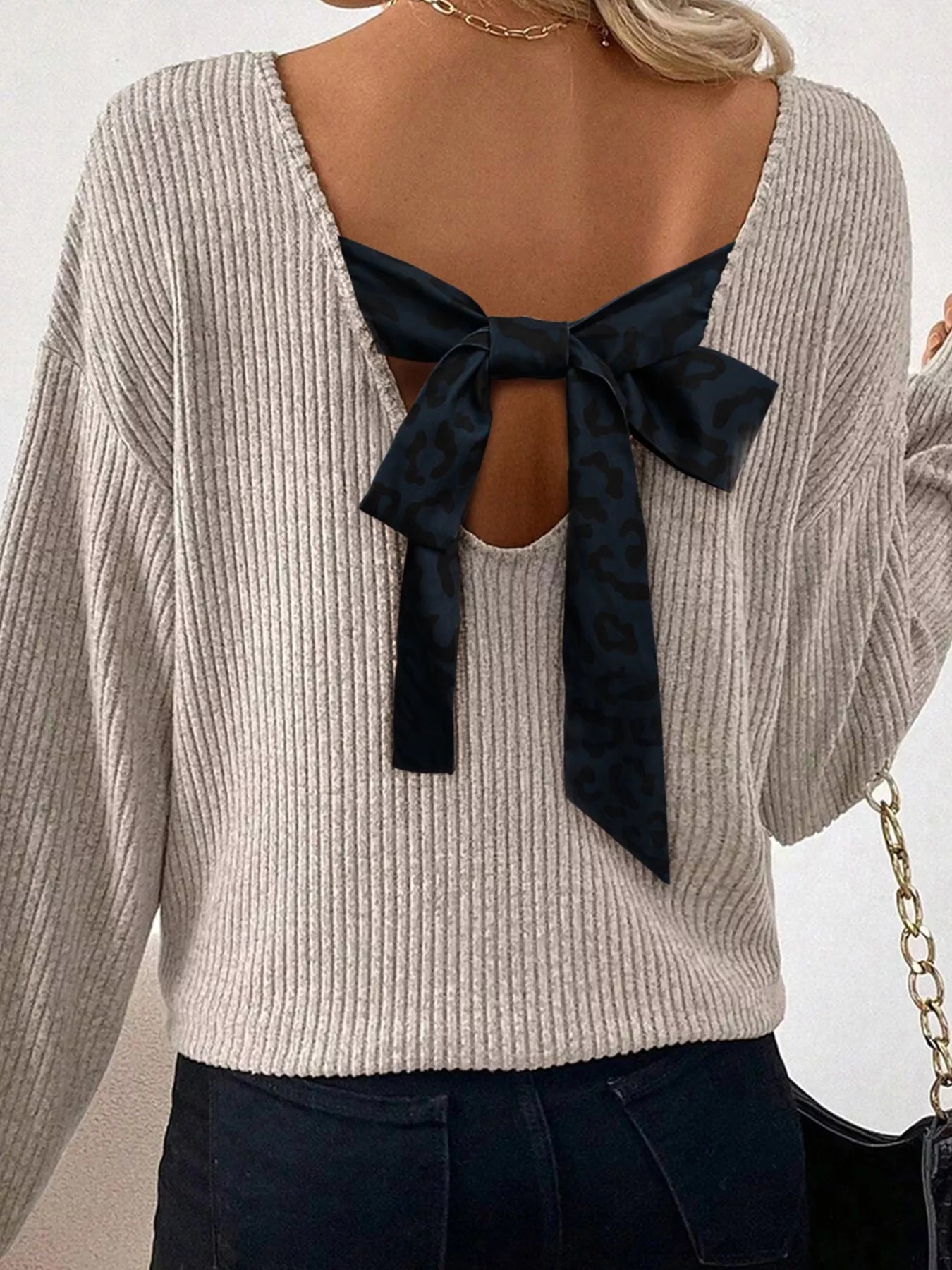 Ribbed V Neck Contrast Ribbon Bow Back Drop Shoulder Long Sleeve Top - PBNJ FASHIONS