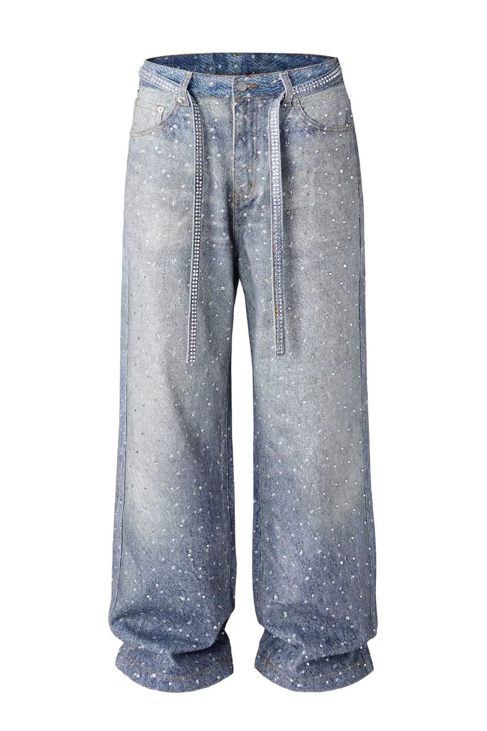 Men's Washed Rhinestone Jeans with Rhinestone Belt - PBNJ FASHIONS