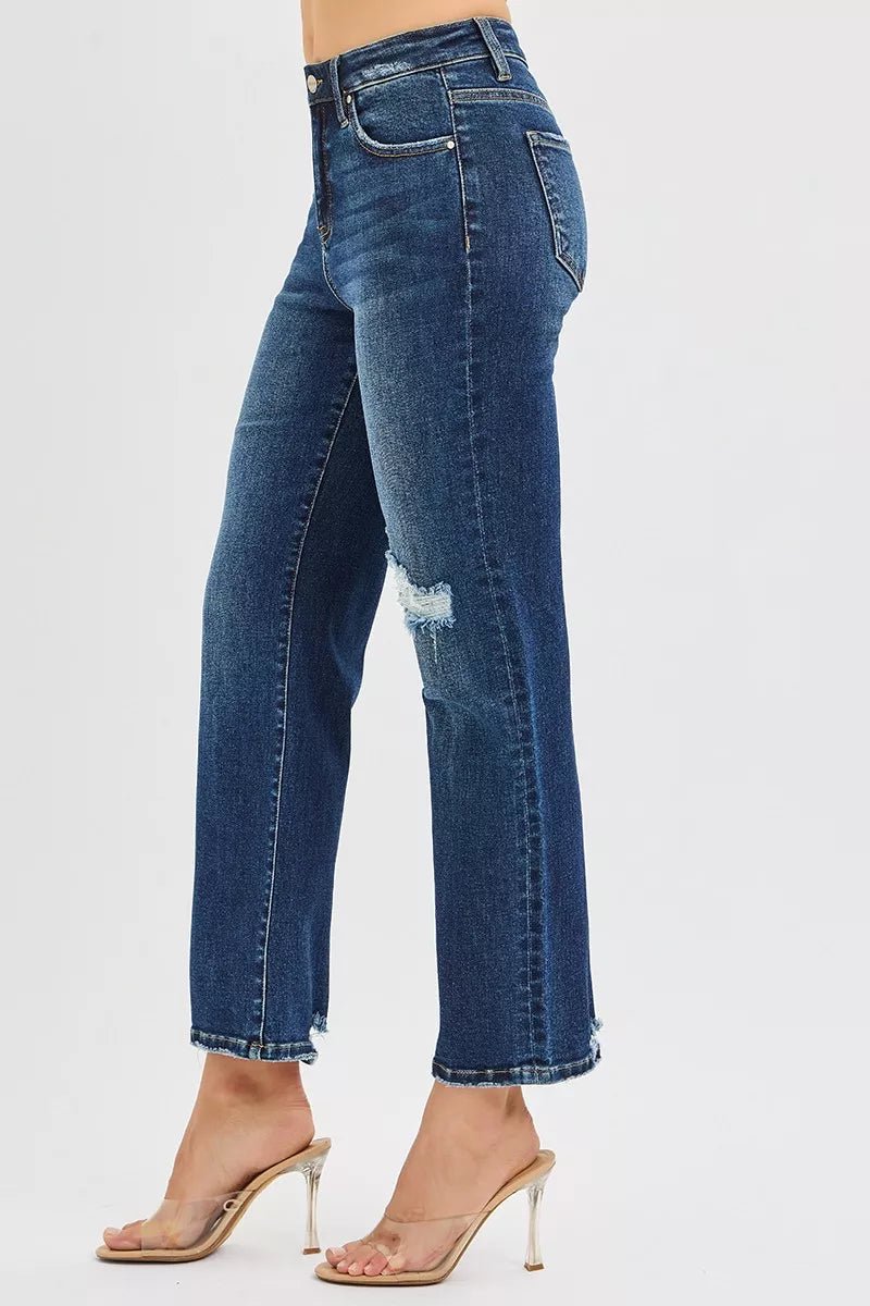 RISEN High Rise Crop Slim Straight Jenas with Hidden Knee Patch - PBNJ FASHIONS