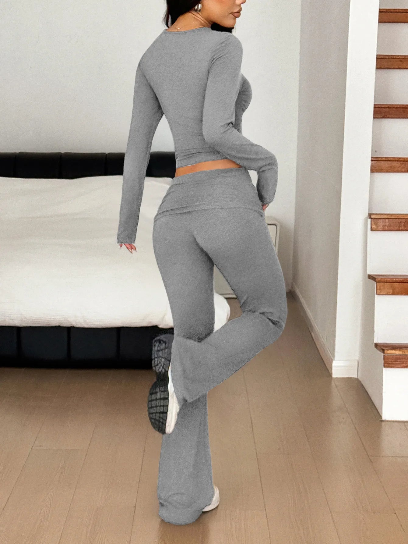 Long Sleeve Crop Top and Bootcut Pants Set - PBNJ FASHIONS