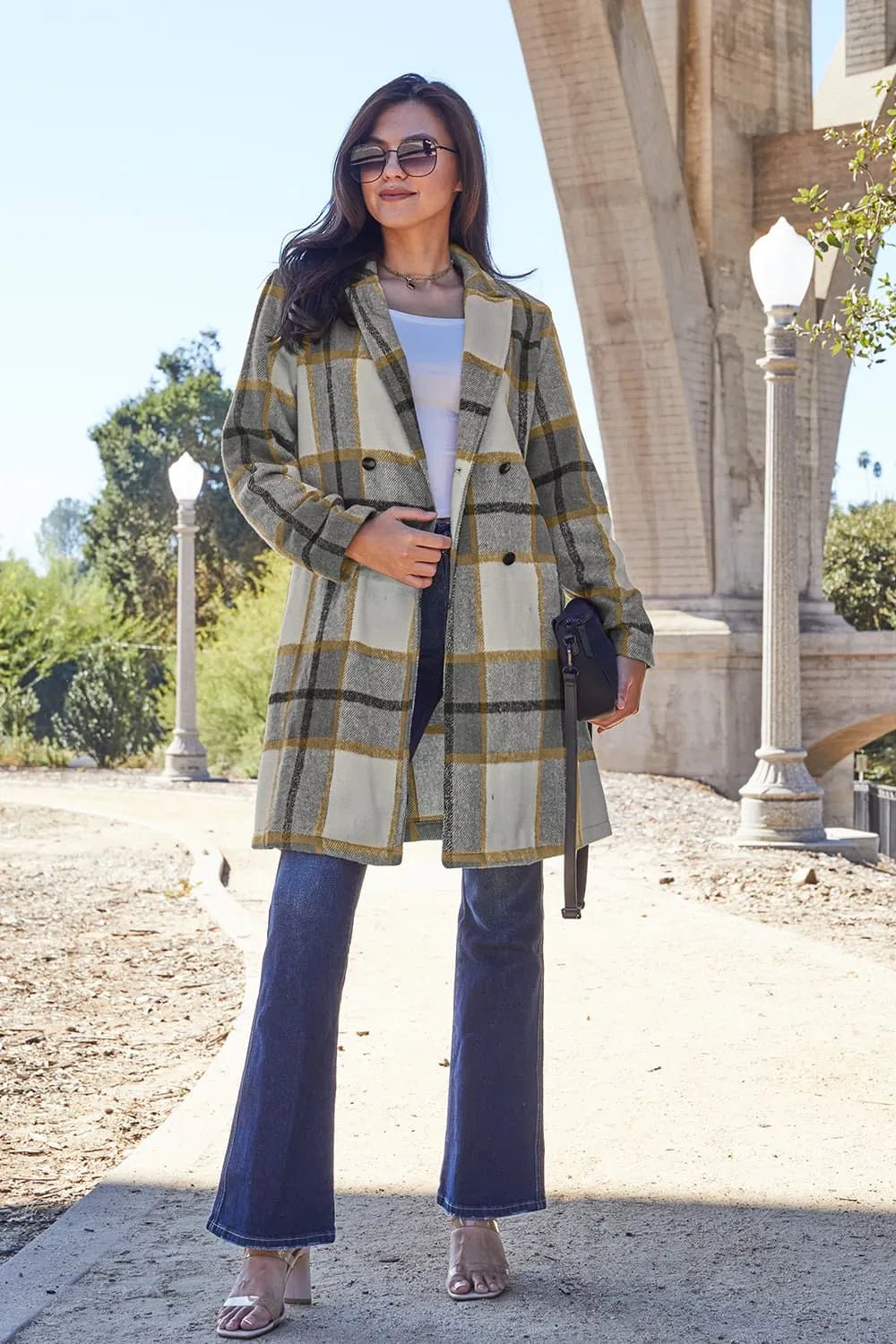 Double Take Full Size Plaid Button Up Lapel Collar Coat - PBNJ FASHIONS