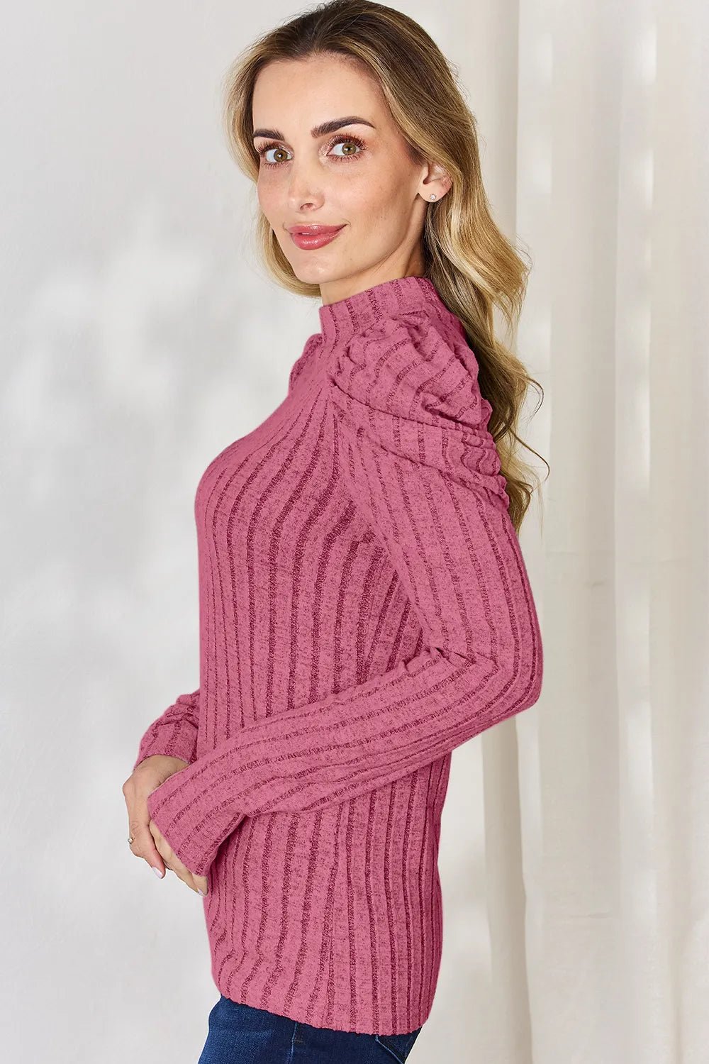 Basic Bae Full Size Ribbed Mock Neck Puff Sleeve T-Shirt - PBNJ FASHIONS