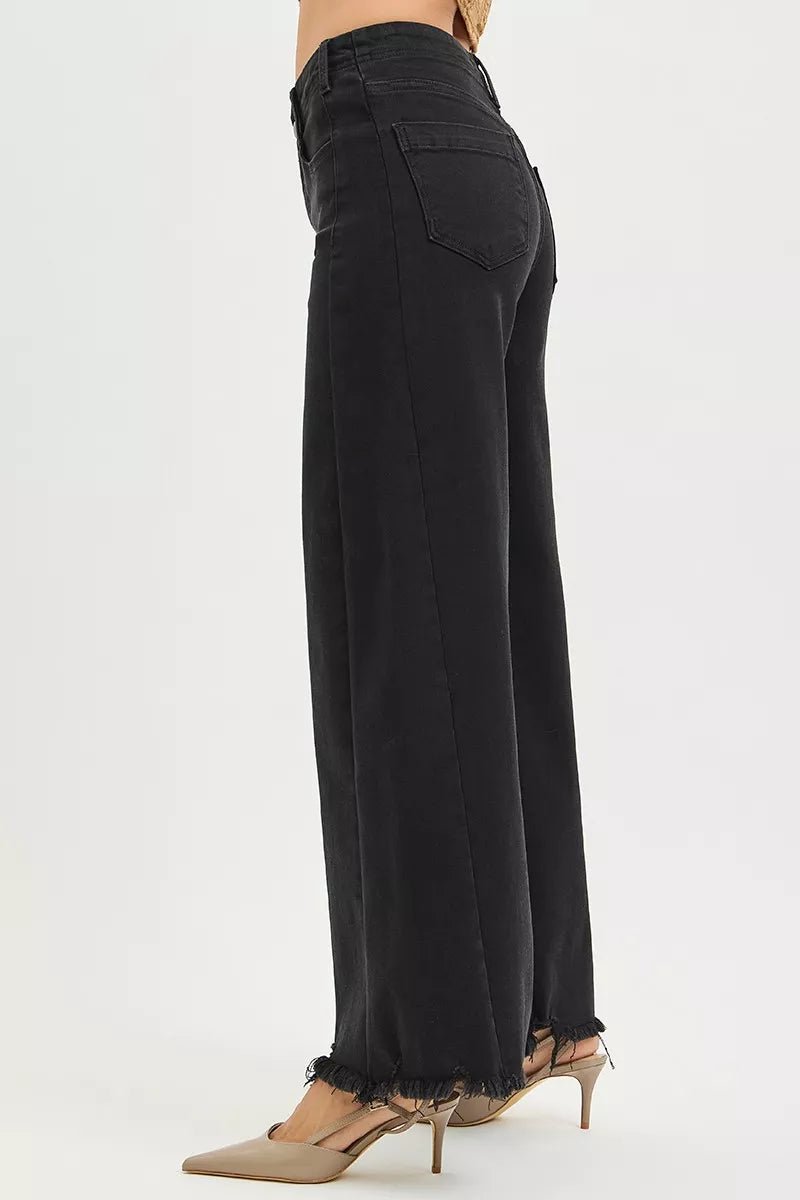 RISEN Tummy Control High Rise Palazzo Leg Frayed Hem Jeans - PBNJ FASHIONS