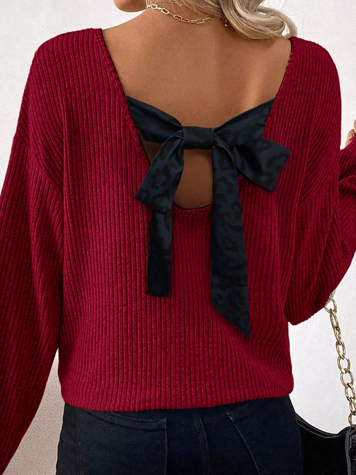 Ribbed V Neck Contrast Ribbon Bow Back Drop Shoulder Long Sleeve Top - PBNJ FASHIONS