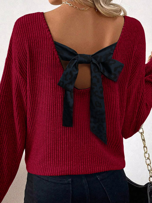 Ribbed V Neck Contrast Ribbon Bow Back Drop Shoulder Long Sleeve Top - PBNJ FASHIONS